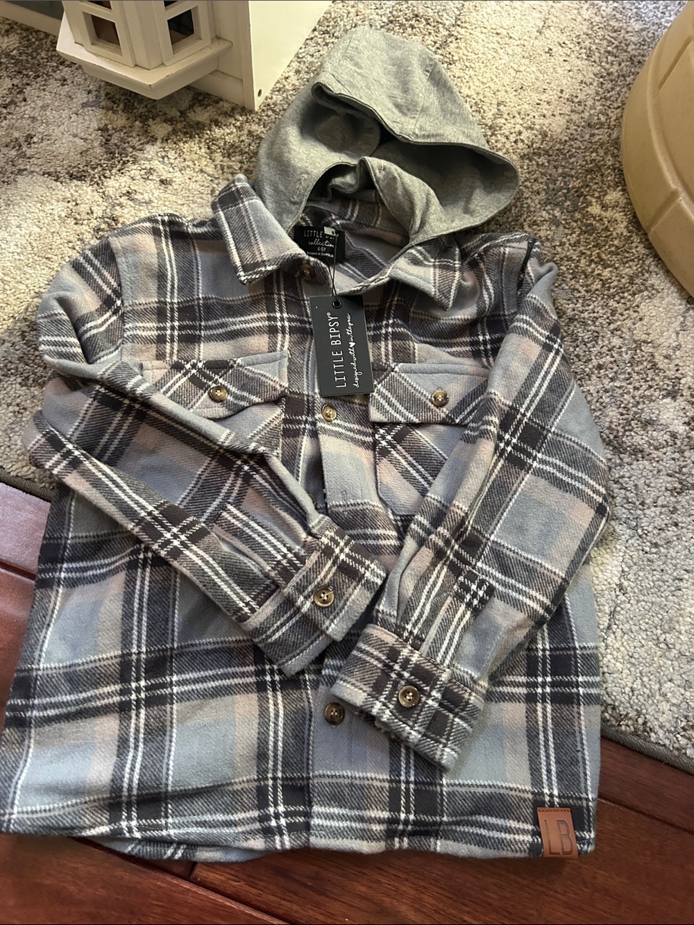 Little Bipsy Gray and Black Plaid Hooded Shirt Jacket ( hood is removable)